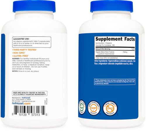 Image of Nutricost Maca Root Capsules 750mg, 180 Capsules For 180 Servings | Lepidium meyenii