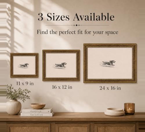 Image of Gold Framed 3D Textured Wall Art, Vintage Sketch Running Dog Canvas Prints, Minimalist Zoomies Flight Dog Pictures Decor, Neutral Funny Animal Gallery Artwork for Living Room Bedroom Nursery 16x12 in