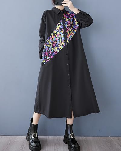 Image of ellazhu Womens Fall Casual Patchwork Funky Long Sleeve Designer Dress Loose Blouse GY2787 A