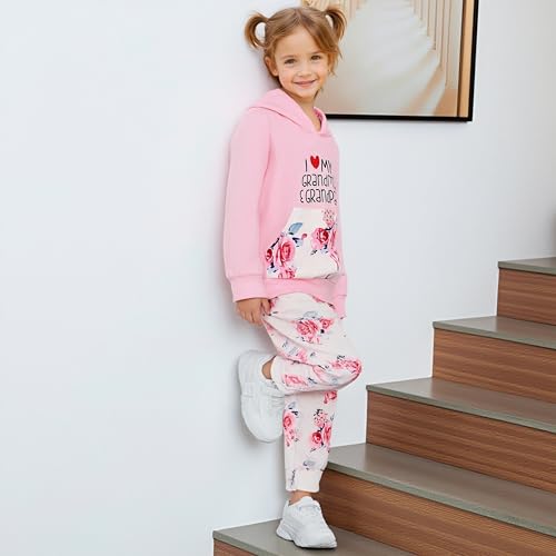 Image of 2PC Girls Clothes Girl letter and Floral print Hooded Set, letter print Top +Floral print Pants Set