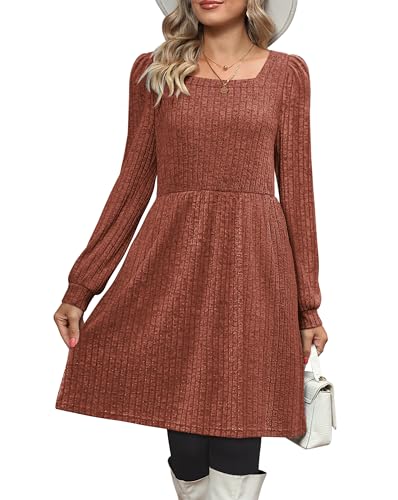 OFEEFAN Womens Knit Sweater Dress with Pockets Square Neck Long Sleeve Dresses2