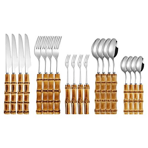 Juegos De Cubertería Juego De Vajilla De Bambú Vajilla Retro Con Mango Natural De Acero Inoxidable Cuchillos Para Carne Tenedor De Mesa Cuchara 20Uds.