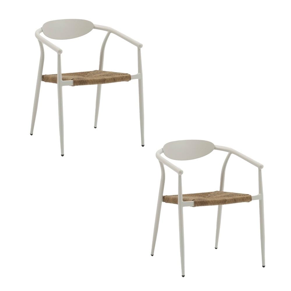 LOLAhome Pack de 2 sillas Contract de jardín Vania de Aluminio Blanco, apilables, Asiento de Cuerda de Rafia, Elegantes, para Comedor, Tratamiento Exterior, Resistentes UV y Humedad