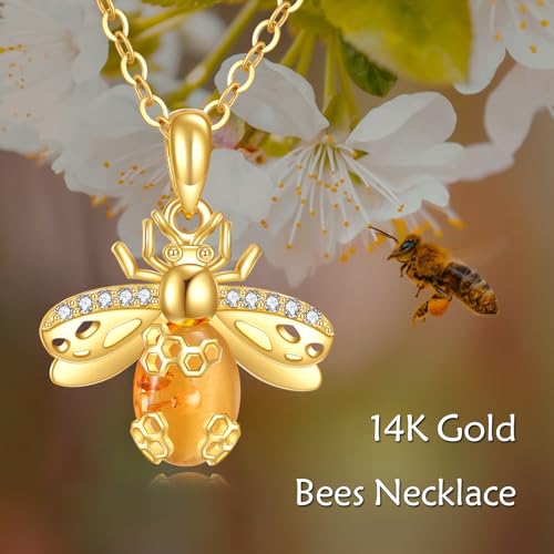 DOVRAN 14K Solid Gold Bee Amber Necklace for Women Gold Bee Pendant Jewelry Birthday Christmas Gift3