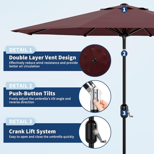 9Ft Patio Umbrella - 8 Sturdy Ribs Outdoor Table Umbrella with Crank Lift & Push Button Tilt - Market Umbrella for Pool, Deck, Yard, Garden - Dark Red