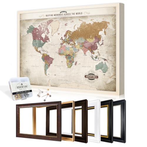 Image of DECORARTS - Oversized Personalized World Travel Map with Pins, Custom Name, Pin Board Canvas Wall Art, Vintage Pastel World Decor, Optional Wood Frame, Giclee Print, Handcrafted in USA, 40x30''