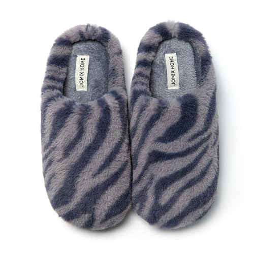 JOMIX Zapatillas Casa Mujer Invierno con Peluche Comodas Pantuflas Mujer Cerradas Zapatillas Mujer Casa con Rayas de Cebra, Azul, 37 EU