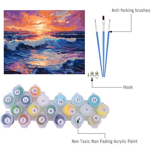Image of Clendo Beach Paint by Numbers Kit for Adults Beginner, Colorful Seaside Painting by Number on Canvas, DIY Acrylic Sunset Adult Paint by Number Kits for Home Decor Gift 16x20 Inch