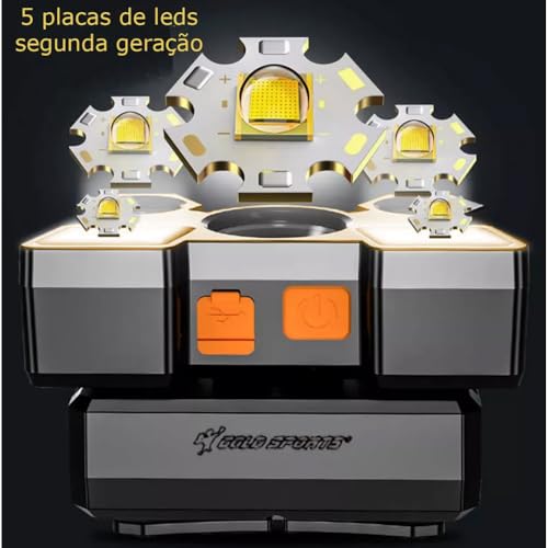 Lanterna de Cabeça LED, 5 LEDs, Recarregável USB, 4 Modos de Iluminação, para Camping, Pesca, Ciclis
