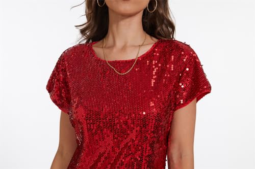 Image of Women's Crewneck Sequin Shift Dress Short Sleeve Casual Holiday Sparkly Party Dress