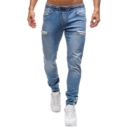 Slim Fit Jeans for Men Elastic Waist Jeans for Men Moto Biker Jean Slim Fit Denim Pants Men's Drawstring Jean