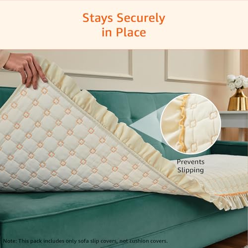 Image of Amazon Basics Quilted Sofa Cover for Three Seater, Modern Grid Pattern, Non-Slip Sofa Pad, 70x180 cm, Soft Silicone Grip Dots, 100% Polyester, Machine Washable - Off-White