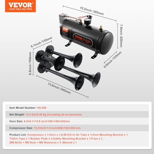 Vevor RAIN HORNS KIT 0.8 GAL/3 L Train Horns Kit, 4 Trumpet Air Horn Kit, 150Db Train Horns For Pickup Trucks thumb #6