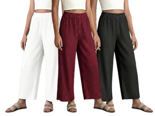 Image of Set of Combo Trouser and Pants for Girls and Women's Relaxed Fit Stretchable Regular Fit Palazzos Lightweight Elastic Waistband Bottoms for Daliy Office & Casual Wear