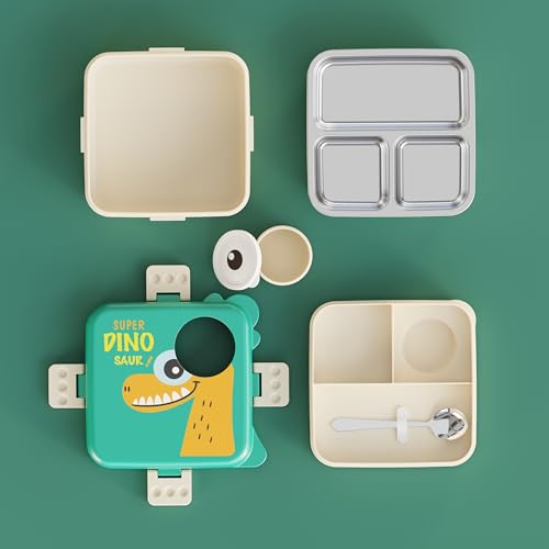 Image of Darkpyro Super Dinosaur Cartoon Kids Lunch Box with Compartments - Air Vent, Spoon, Sauce Container & Stainless Steel Tray - Green Dinosaur Design (1100ml+50ml)