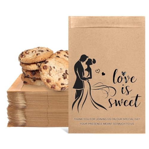 AUVOTTOKA 100-Pack Small Wedding Cookie Bags - 5 x 7.1 inch Kraft Paper Treat Bags with 'Love Is Sweet' Newlyweds Design, Food-Safe, Self-Adhesive for Cookies, Candy, Snacks - Perfect for Weddings