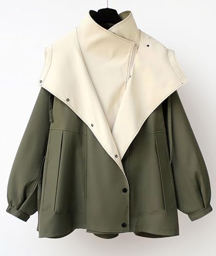 SOMTHRON Women's Hooded Trench Coat Lightweight Lapel Button Down Jacket Color Block Mid-Length Windbreaker3