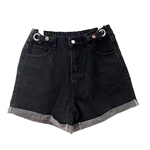 Women's High Waisted Denim Shorts Elastic Waist Folded Hem Hot Denim Shorts Straight Leg Hem Jean Shorts (6X-Large,Black)