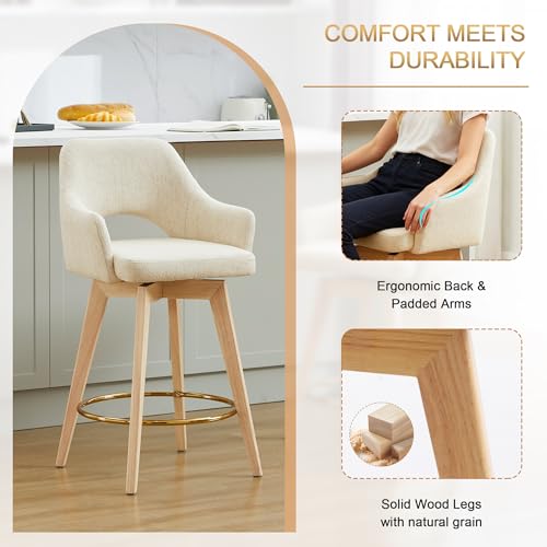 Image of Zesthouse Swivel Bar Stools Set of 4, Wooden Counter Height Bar Stools with Arm & Back, Upholstered Linen Fabric Barstools with Solid Wood Legs & Gold Metal Ring, High Chairs for Kitchen Island, Beige