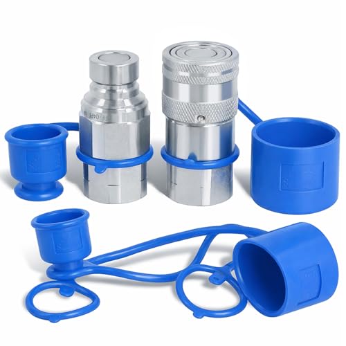 Image of 1 /2 inch NPT Flat Face Hydraulic Couplers, Skid Steer Bobcat Quick Connect Fittings with Dust Covers, 1 /2 inch Body and 1 /2 inch NPT Thread (ISO16028) Blue