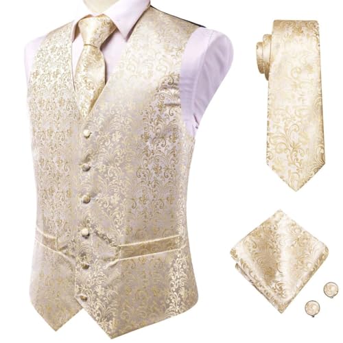 Men's Silk Waistcoat Tie Set Sleeveless Suit Vest with Handkerchief Cufflinks for Business Wedding2