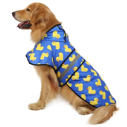 HDE Dog Raincoat Jacket Reflective Adjustable Hooded Pet Poncho Rain Coat with Leash Hole for Small to X-Large Dogs Rubber Ducks - L