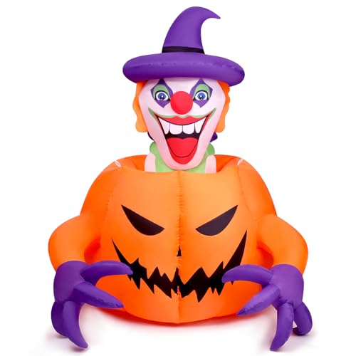 Halloween Inflatables Halloween Blow Up Yard Decorations Outdoor Halloween Decorations Built-in LED Light Retractable Head Outdoor Creative Pumpkin Clown Decoration Props