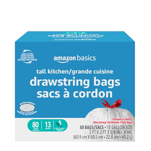 Amazon Basics Ultra-Force Tall Kitchen Drawstring Trash Bags, Classic Clean Scented, 13 Gallon, 80 Count, Pack of 1