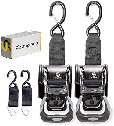 STRAPINNO 2PCS Stainless Steel Retractable Ratchet Straps (1 7/8 in x 4 ft) Heavy Duty Transom Tie-Downs with Extension Straps, Bolt Set & Safety Latch S-Hooks,for Boat