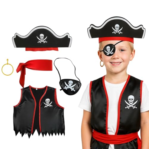 5-teiliges Piratenkostüm Kinder, Set mit Piratenhut, Augenklappe, Kopftuch, Weste und Ohrringen, Verkleidung für Jungen und Mädchen, Ideal für Halloween, Karneval und Piratenpartys rente deko