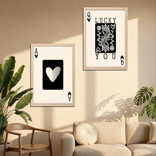 Image of NoWorries Typography Playing Cards Wall Art Framed Painting | Lucky Ace and Queen Heart Card Art Prints | Minimal Black & White Aesthetic Wall Decor | Premium 300 GSM Paper Print with Synthetic Wooden Frame | Modern Wall Art for Living Room, Bedroom & Office (Set of 2) (NATURAL, ART-5, 13X19INCHES)