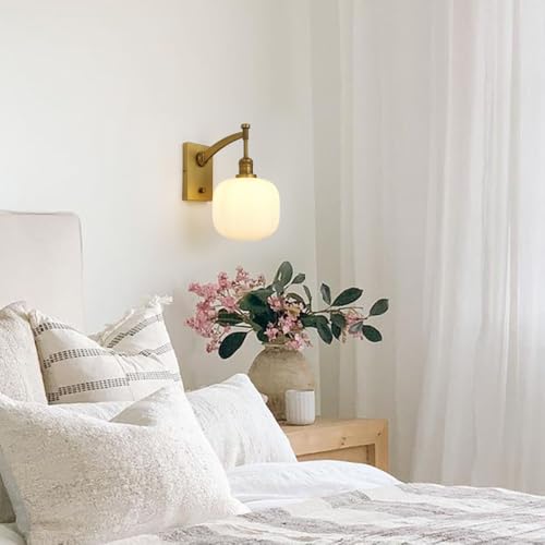 Image of Pathson Milk White Glass Wall Sconce with Switch, Hardwired Wall Vanity Light, Mid-Century Vintage Wall Lamp Fixture or Living Room Farmhouse Bathroom Bedside Lighting