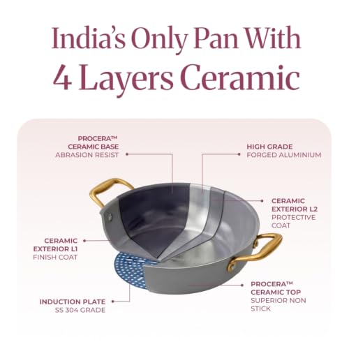 Image of Asai Ceramic Non Stick Kadai 24cm (2.5L) with Glass Lid & Silicone Spatula | Blue | Swiss Ceramic Coating | Gas & Induction Compatible | Stay-Cool Handles | Lab-Tested | 100% Toxin Free