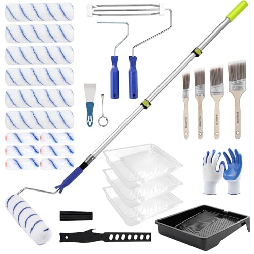 BHLUUIYER Paint Roller Kit with 2 to 4 FT Extension Pole for House Painting - Completed Home Painting Set with 9 & 4 Paint Roller Covers Tray Paint Brushes and Accessories