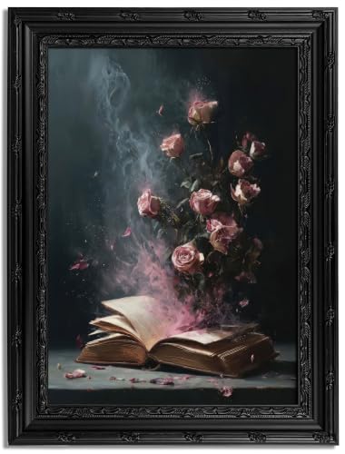 Black Framed Wall Art Dark Moody Victorian Bookish Canvas Print Romantic Gothic Floral Still Life Picture Decor Dark Academia Pink Roses Gallery Artwork for Living Room Bedroom 9x11 inch - image 1