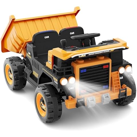 XJD 12V Ride On Dump Truck for Kids, 2 Seater Electric Car with Remote Control, Kids' Electric Dump Bed Power Ride on Construction Vehicle with Music Ride On Toys (Yellow) Cover