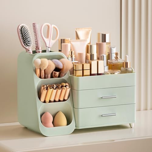 Image of HBlife Makeup Organizer with Brush Holder for Vanity, Large Plastic Bathroom Countertop Organizer Skin Care Storage, Easy to Store Lipsticks, Nail Polishes, Perfumes, Eyeshadow Palettes, All Green