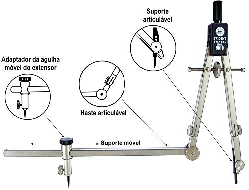 Compasso Técnico Balaustre Completo, Trident, 9019, Cromo Fosco