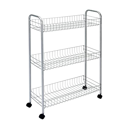 Metaltex Slim Deluxe 3-Tier Trolley with Wheels - Multipurpose Storage Cart for Smaller Spaces in the Home including Kitchen, Bathroom, Office and Garage - Polytherm Metallic, 56 x 23 x 84 Centimetres