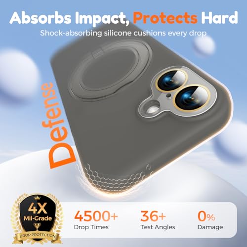 Image of Silicone 360 Spin Magnetic Stand Case for iPhone 17, [Compatible with Mag-Safe][Reinforced Hard Camera Protection] Liquid Silicone Rubber Phone Case Cover with Ring, Camera Button, Slate Gray