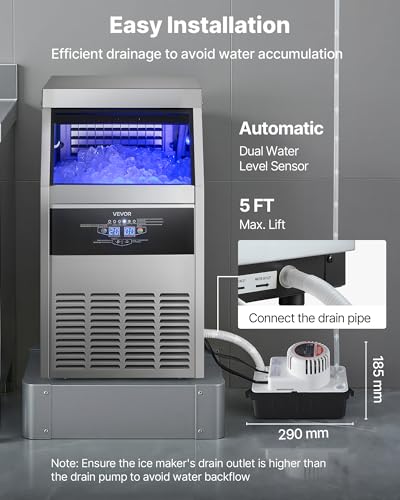 Image of VEVOR Commercial Ice Maker Machine with Pump, 160 lbs /24h with 30 lbs Storage Capacity, Built-in /Freestanding /Under Counter, Stainless Steel Ice Maker with LED Display & Self-Cleaning, for Home Bar