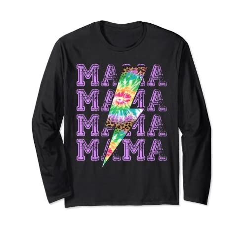 Mama Lightning Bolt Tie Dye and Leopard Design Mother's Day Long Sleeve T-Shirt