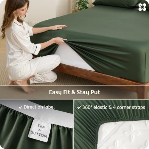 Bedsure PureWoven Queen Fitted Sheet Only, 100% Rayon Derived from Bamboo | Cooling Bottom Sheet for Hot Sleepers, Breathable & Soft, Deep Pocket Up to 18", Secure Elastic Corner Straps, Olive Green - image 6