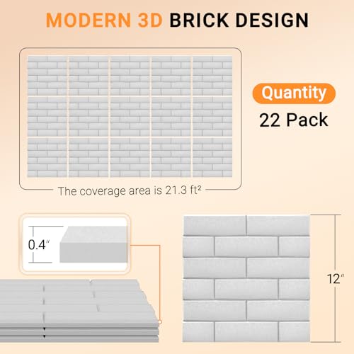 22 Pack Brick Acoustic Panels with Self Adhesive, 12" x 12" x 0.4" High Density Sound Absorbing Foam Panels for Walls, Noise Reduction for Home Studio & Office – White — view 2