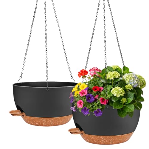 CNLBO 12 inch Hanging Planters for Indoor Outdoor Plants, 2 Pack Self Watering Hanging Planter with Drainage Holes and Saucer, Plastic Hanging Flower Pots with Chains for Kitchen, Balcony, Garden
