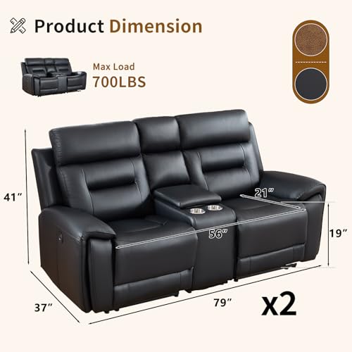 Image of ANJ Oversized Power Reclining Loveseat Sofa Set of 2 with USB&Type-C Charging Port, Breathable Faux Leather 2-Seater Electric Recliner Couch with Cup Holders & Storage Console for Living Room, Black