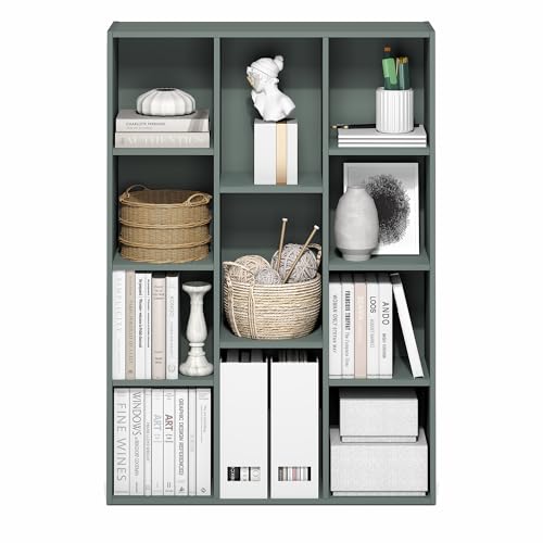 Image of Furinno LUDER Book Shelf, 11-Cube Bookshelf, Reversible Bookcase, 9.4 x 29.1 x 41.7, Easy Assembly, for Living Room, Bedroom, Home Office, Sage Green