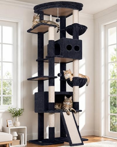 Image of Globlazer Extra Tall Large Cat Tree, 84in Multi-Level Cat Climbing Tower for Indoor Cats Large Adult, Widened Condo for Maine Coon, 7 Scratching Posts, Padded Perch, Metal Basket, S84E, Dark Grey