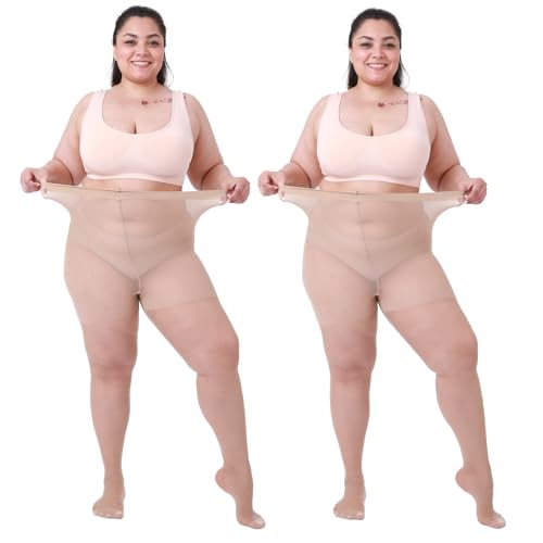 Plus Size Pantyhose 2-Pack - 20D Ultra Sheer Control Top Tights for Women Reinforced Toe & Waistband