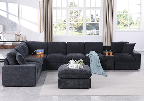 Image of Ball & Cast 157 inch Oversized Modular L-Shaped Sectional Sofa,Large Chenille Upholstered Couch 8 Seat with Ottoman,Cup Holders&USB Ports,Comfty Sectionals W /Pillows&Storage Box,for Living Room,Dark Gray